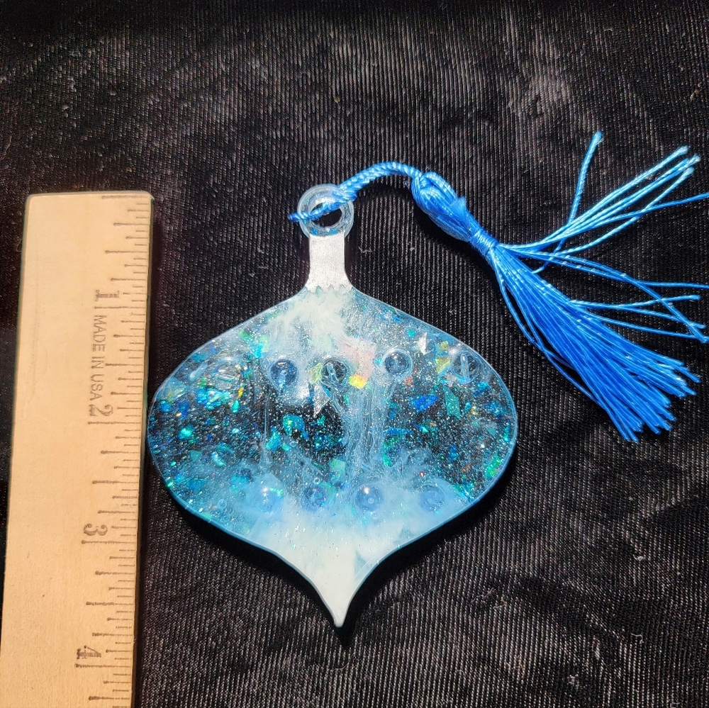 Handmade Blues &  Winter White Glitter Resin Christmas Ornament
